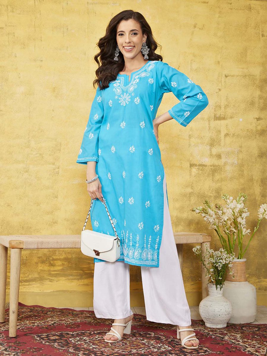 ADA Floral Lucknowi Chikankari Straight Kurta