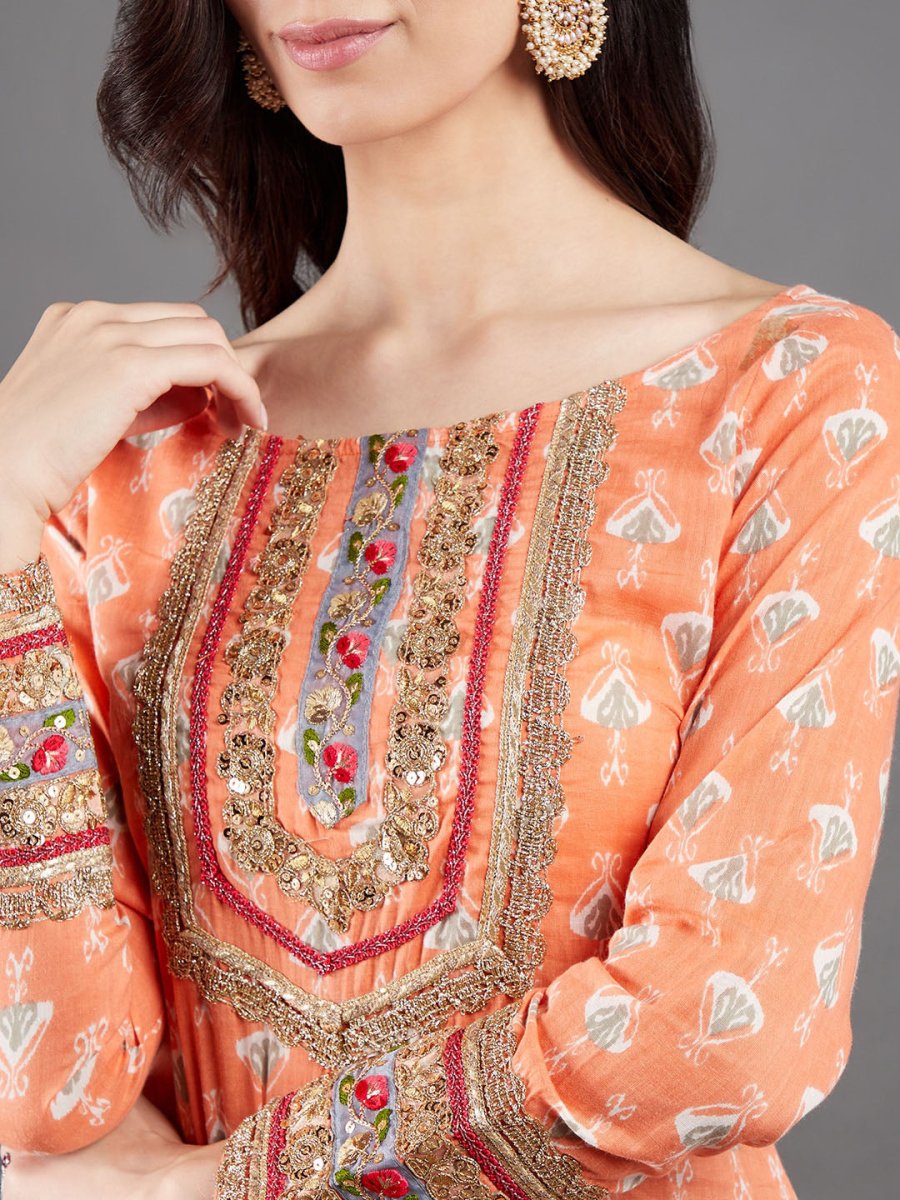 Aks Ethnic Motifs Printed Sequinned Pure Cotton A Line Kurta