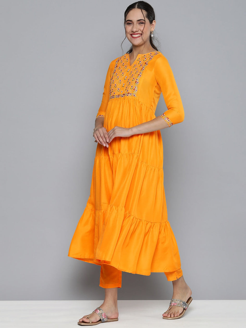 HERE&NOW Women Yellow Embroidered Kurta with Trousers & With Dupatta