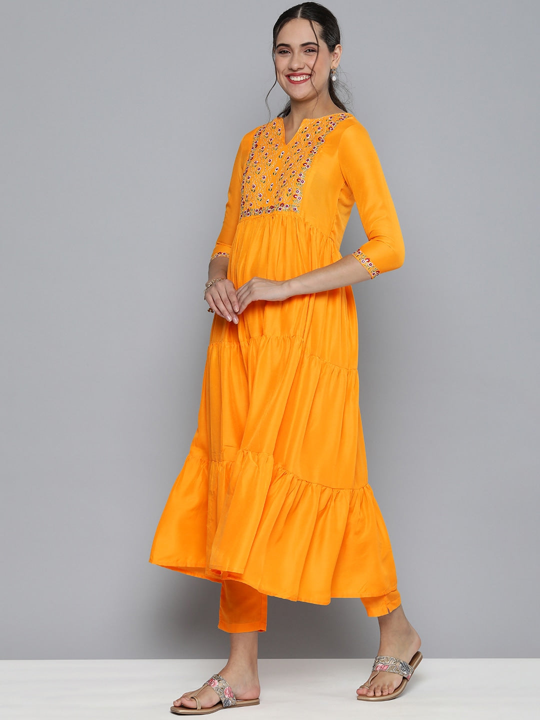HERE&NOW Women Yellow Embroidered Kurta with Trousers & With Dupatta