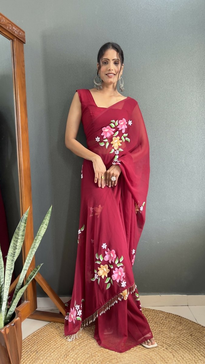 Aayaa Designer 1 min Hand Painted Ready to Wear saree - Maroon