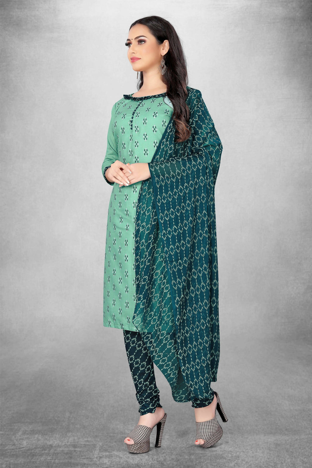 Sea Green Cotton Printed Unstitched Dress Material - Amara
