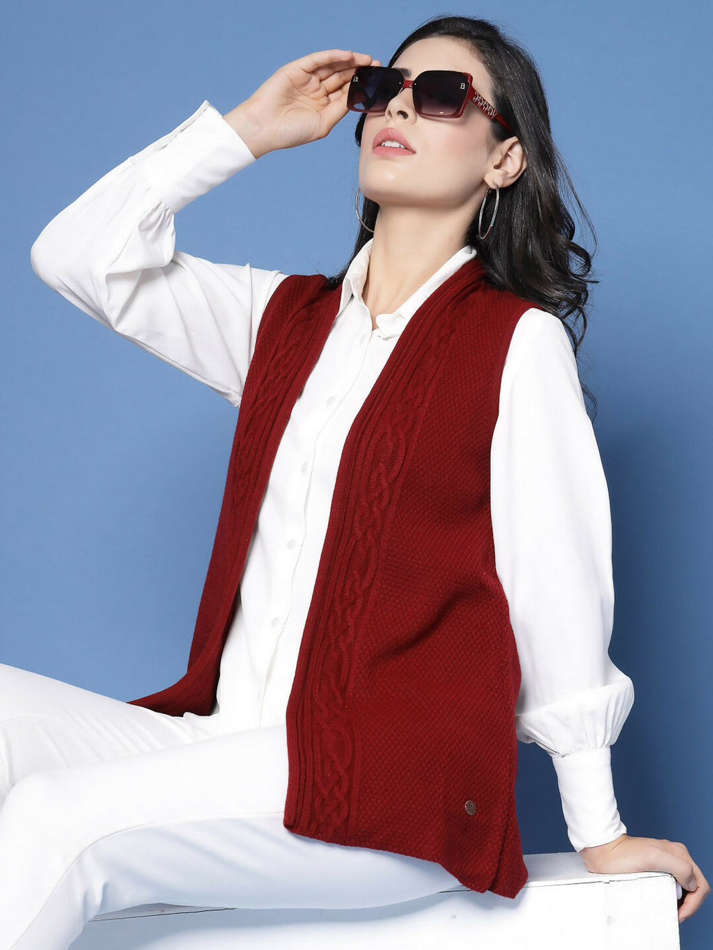 Women Winter Maroon Acrylic Cardigan - Wool Trees