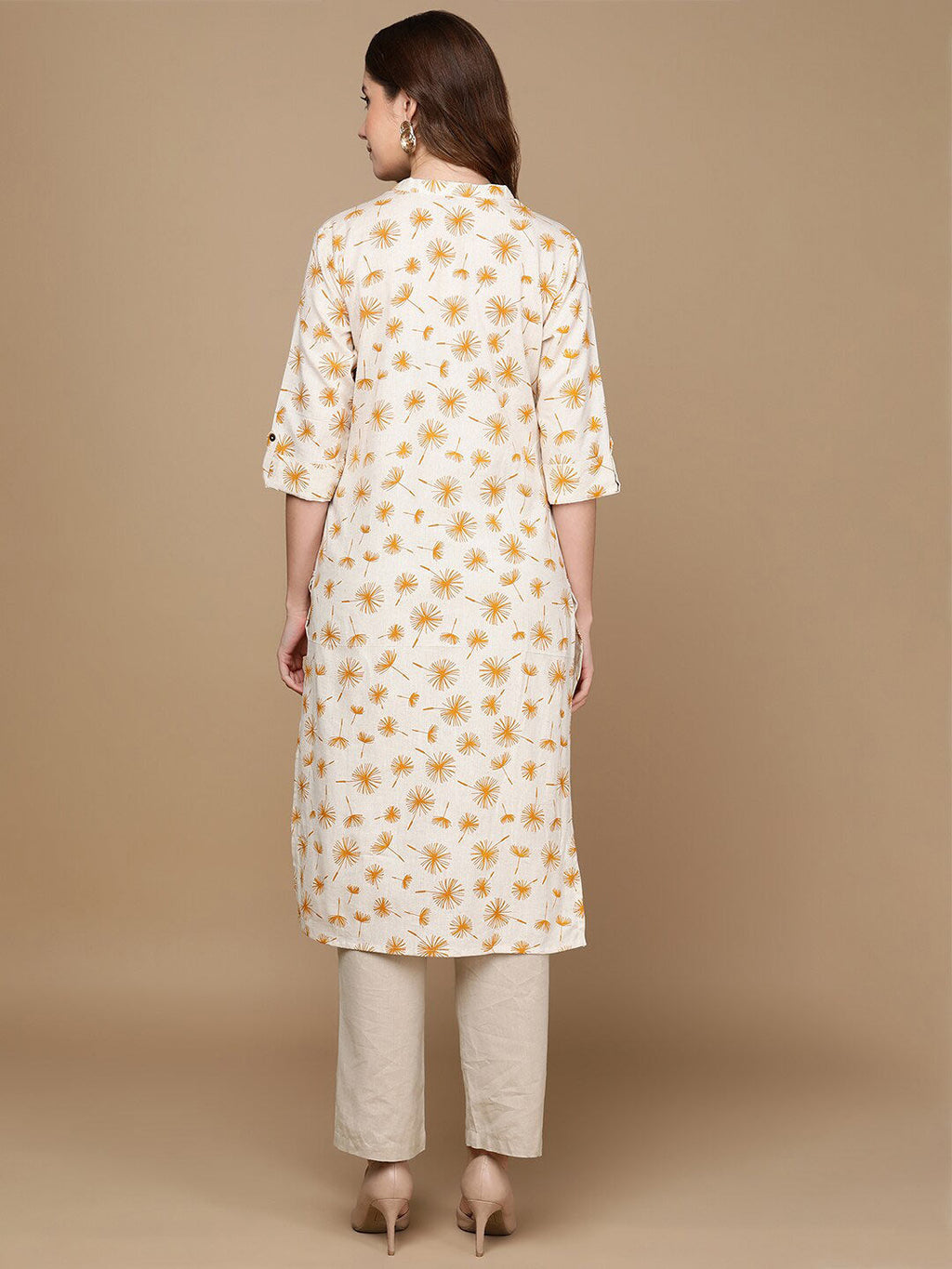 HERE&NOW Off White & Mustard Yellow Floral Printed Thread Work Sequinned Cotton Kurta