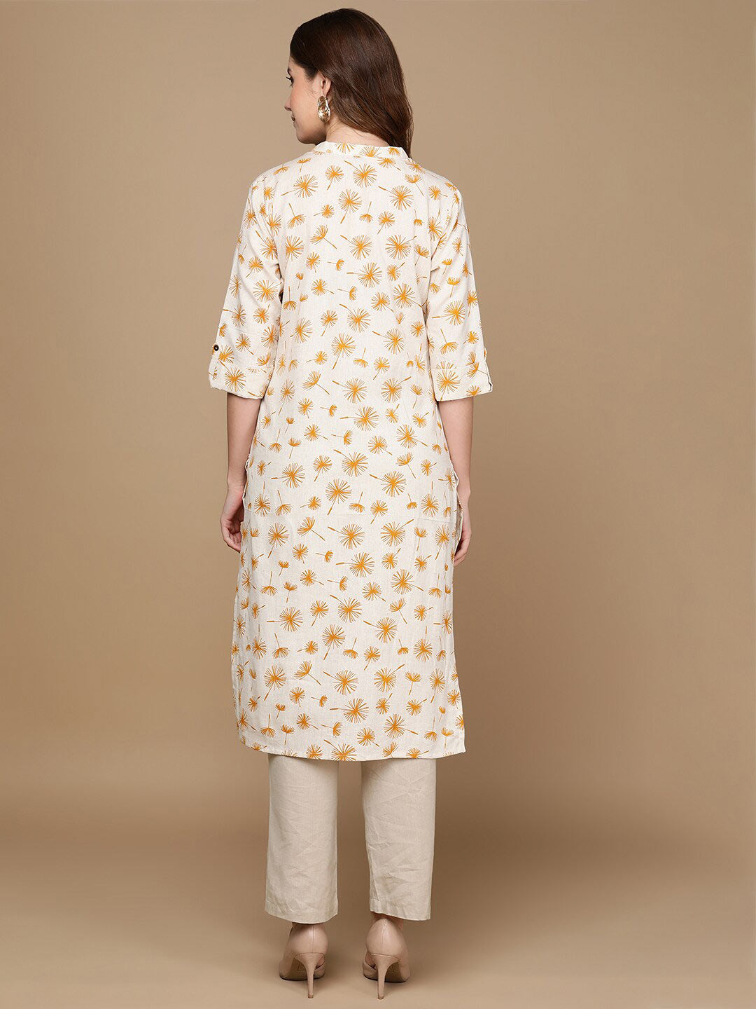 HERE&NOW Off White & Mustard Yellow Floral Printed Thread Work Sequinned Cotton Kurta