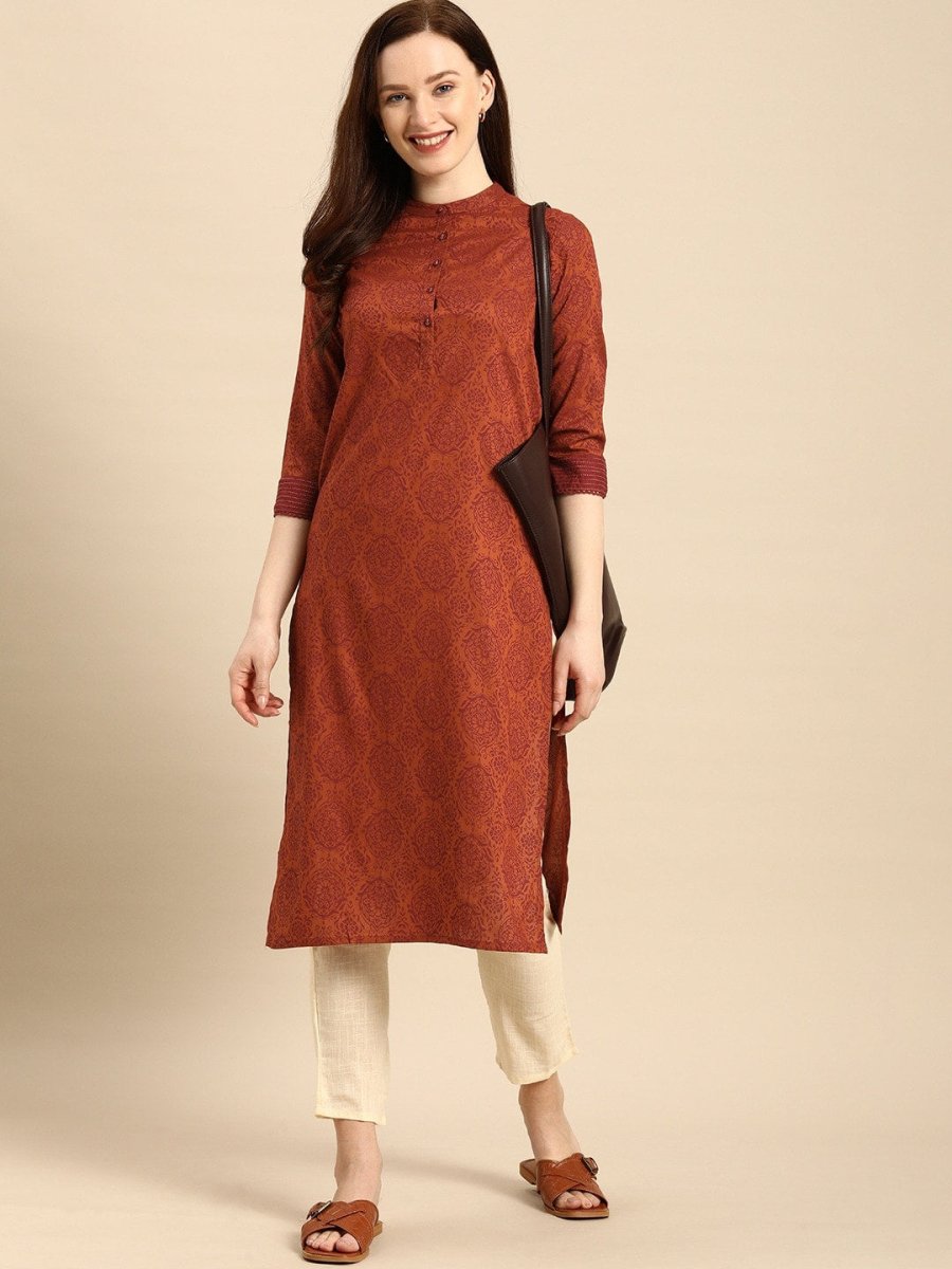 All About You Women Rust Brown Ethnic Motifs Printed Straight Kurta