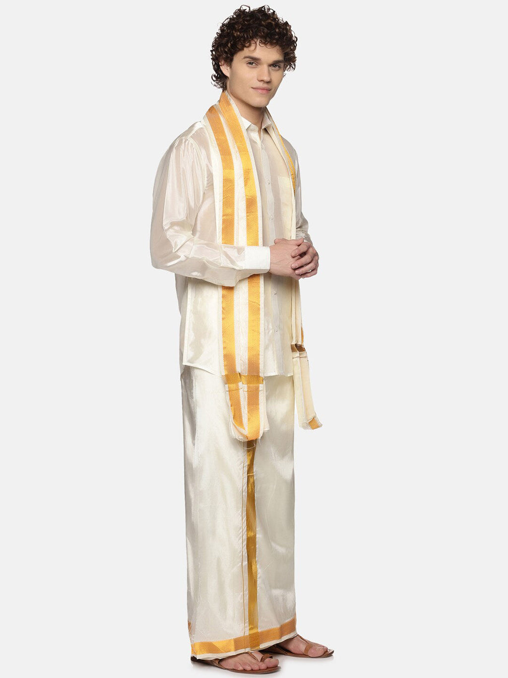 Sethukrishna Men Cream-Coloured Solid Art Silk Dhoti With Angavastram