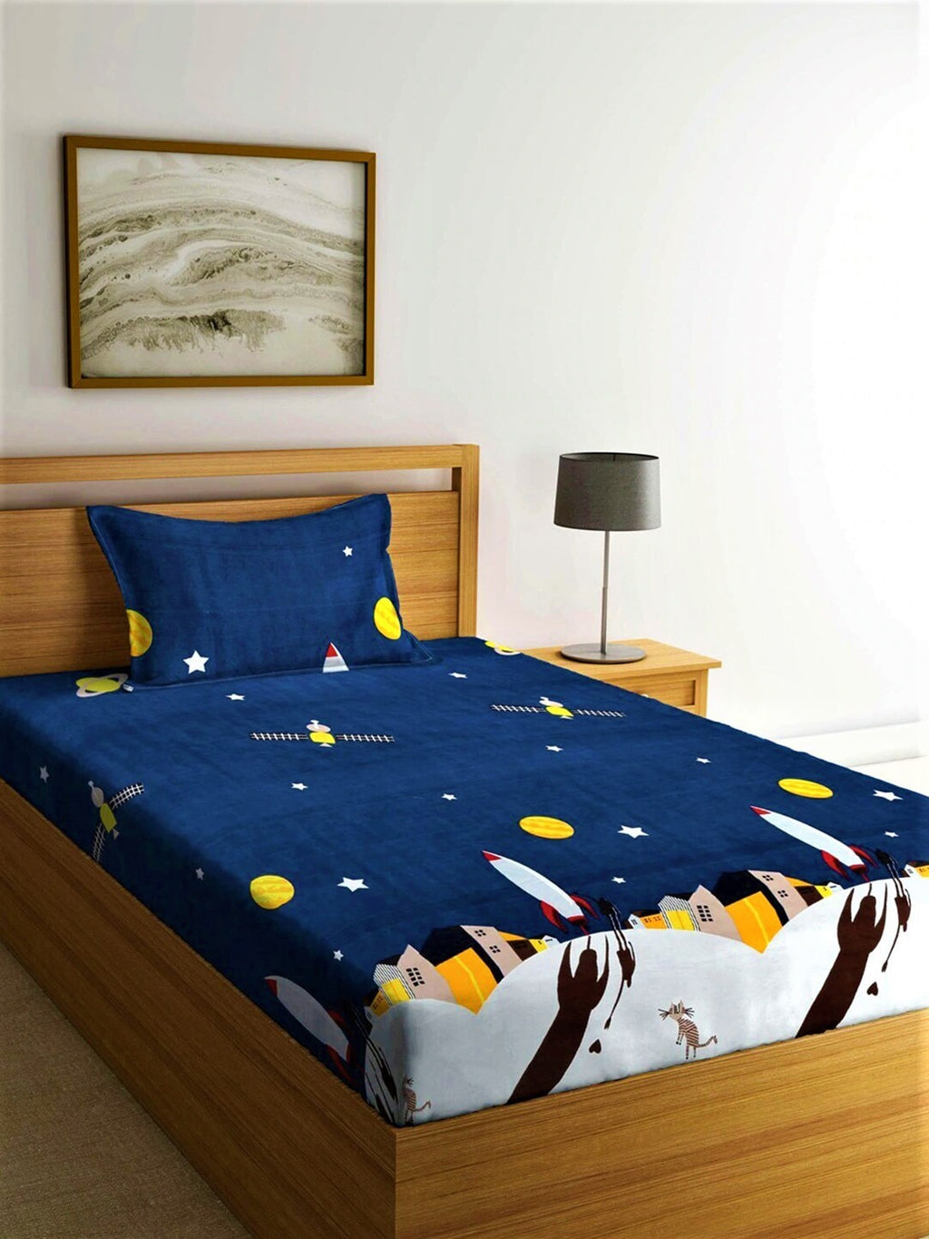 Home Sizzler Blue & Yellow Cartoon Characters 210 TC Bedsheet with Pillow Covers