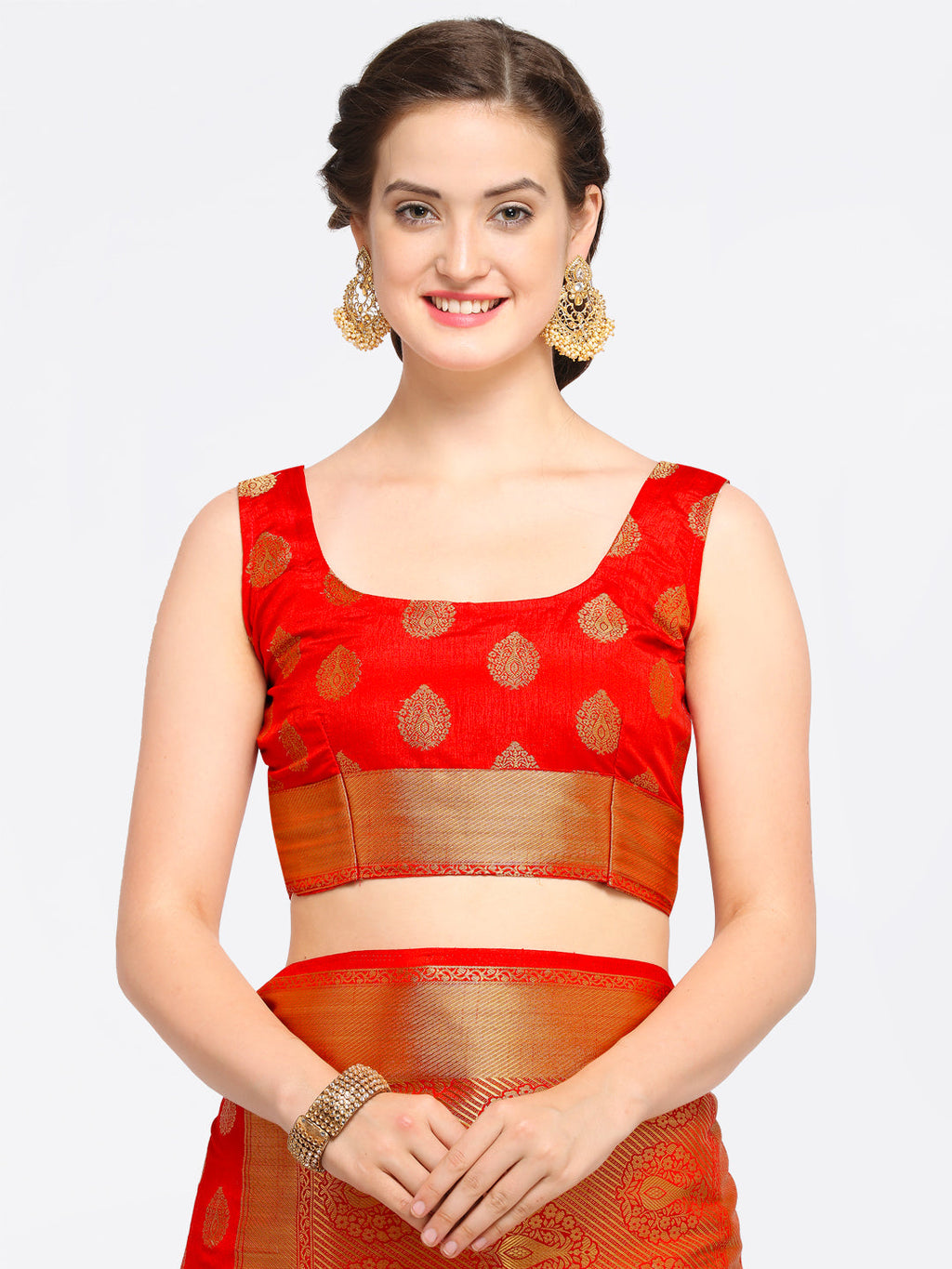 Saree Mall Red Silk Blend Woven Design Kanjeevaram Saree