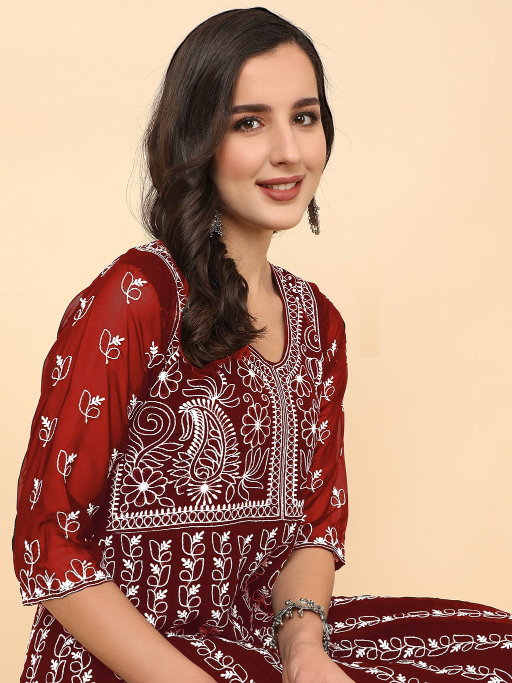HERE&NOW Scoop Neck Chikankari Embroidered Thread Work Georgette Anarkali Kurta