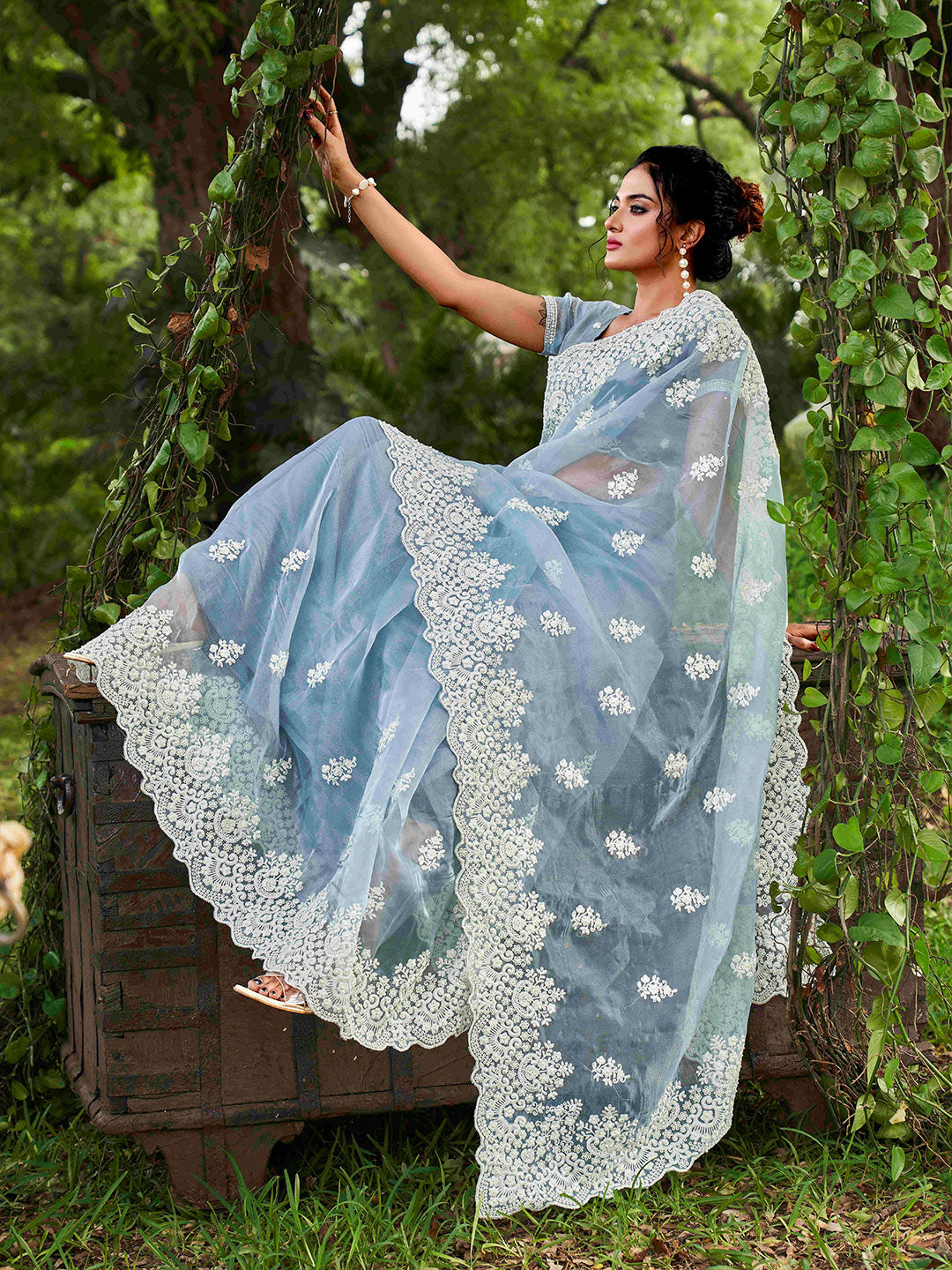Tikhi Imli Ethnic Motifs Beads and Stones Organza Heavy Work Saree