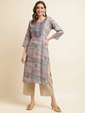 Grey Poly Rayon Stripe Printed Straight Fit Kurta - Prasuti