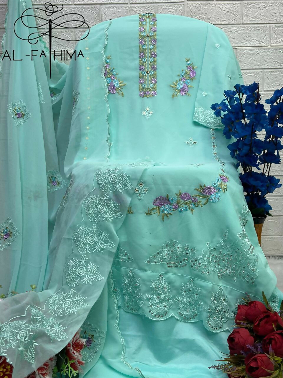 Jyoti Fashion Women's Turquoise Faux Georgette Heavy Embroidery and Moti Work Kurta Set
