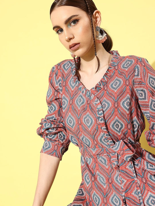 InWeave Women's Pink Blue Ogee Print Belted Coord Set