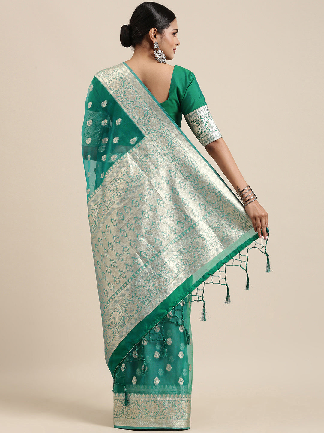 Saree Mall Green Ethnic Motifs Zari Organza Banarasi Saree