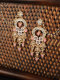 Anikas Creation Pink & Gold-Polished Kundan Contemporary Chandbalis With Ear Chain Earrings