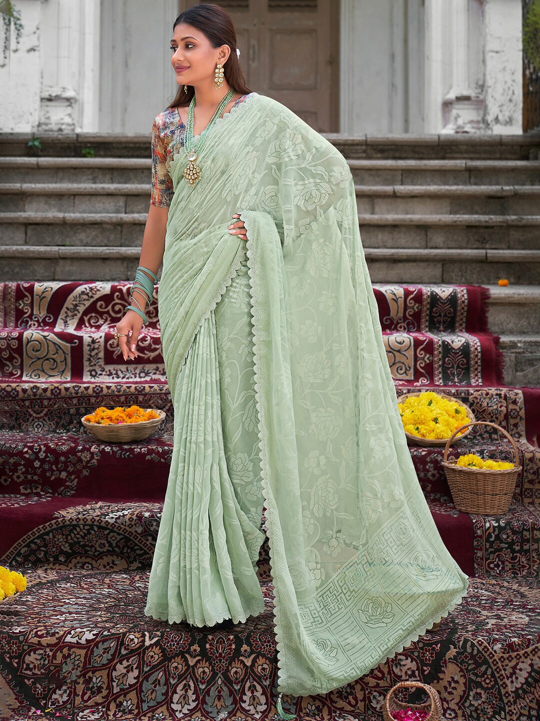 Saree Mall Floral Woven Design Pure Chiffon Sarees