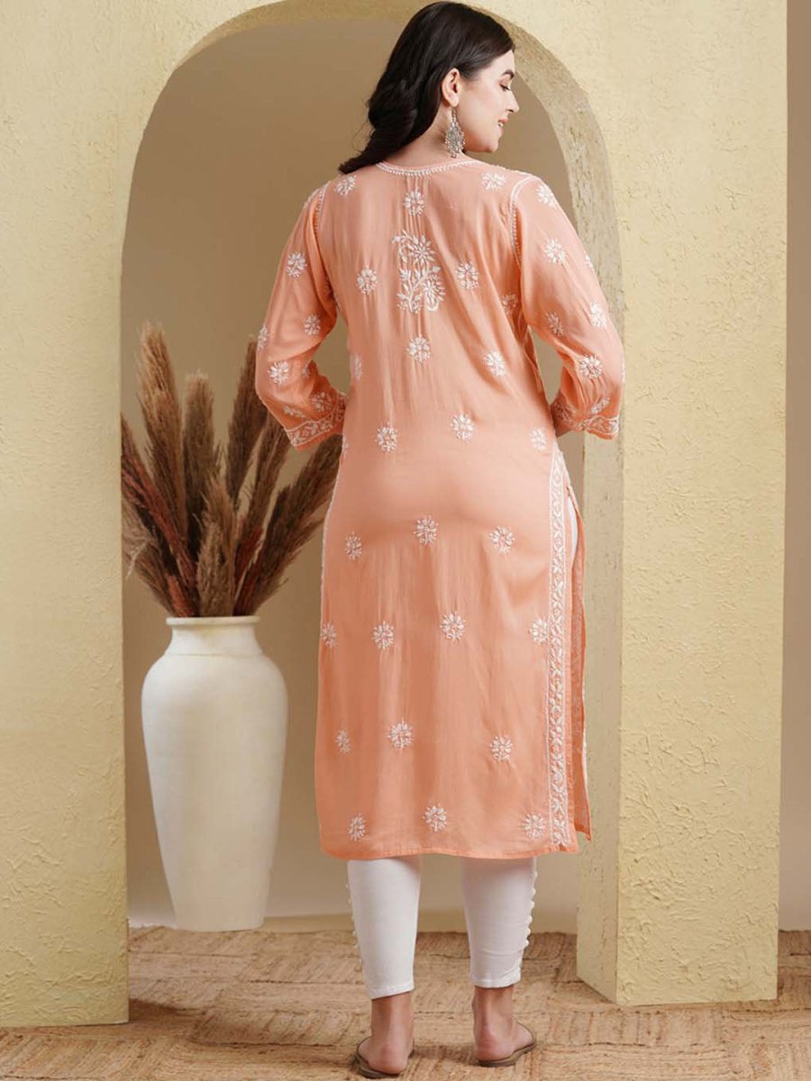 ADA Ethnic Motifs Embroidered Lucknowi Chikankari Detailed Modal Cotton Straight Kurta