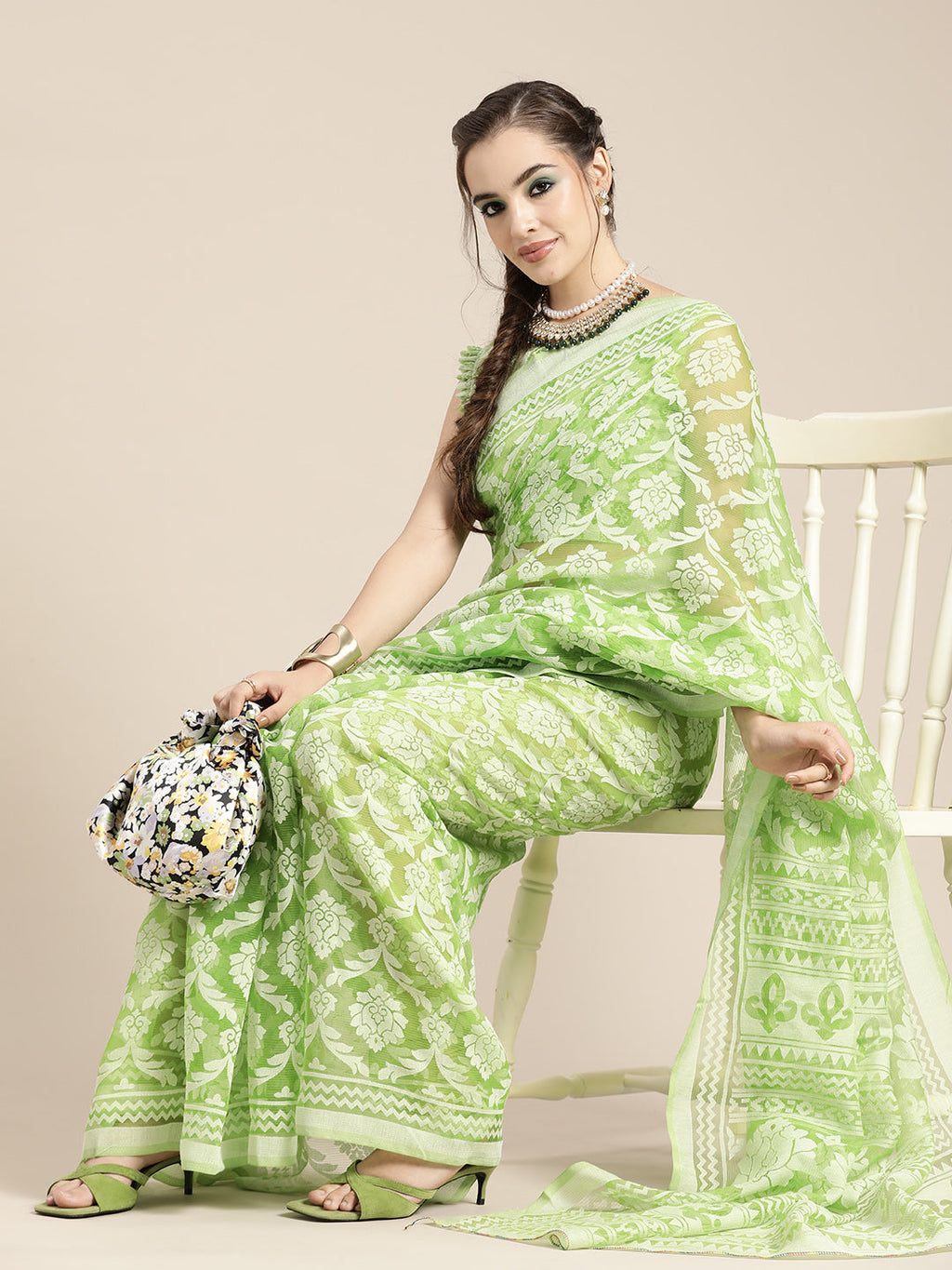 Saree Mall Green Ethnic Motifs Brasso Chanderi Saree