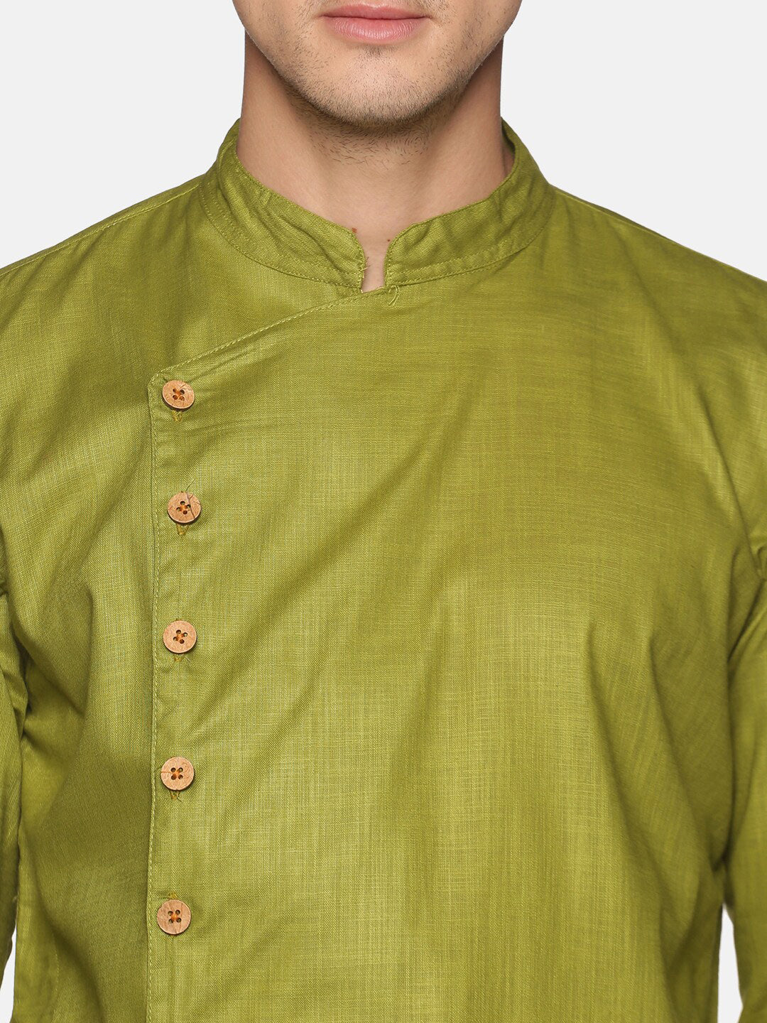 Sethukrishna Men Green Angrakha Pure Cotton Kurta with Pyjamas