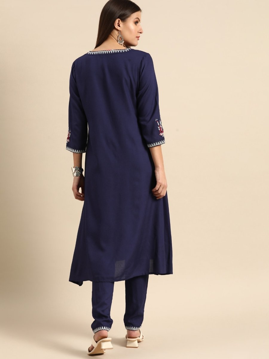 All About You Women Navy Blue Embroidered Kurta with Trousers