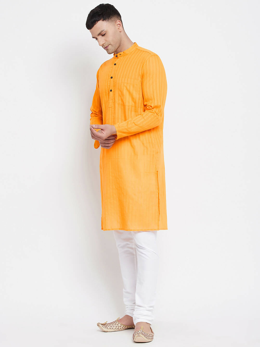 Even Apparels Men's Pure Cotton Kurta With Band Collar in Yellow Color