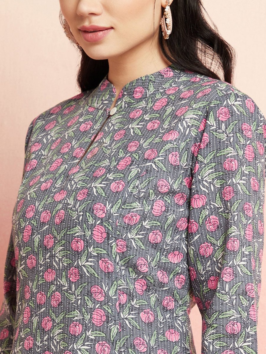 Aks Floral Printed Mandarin Collar Cotton Anarkali Kurta