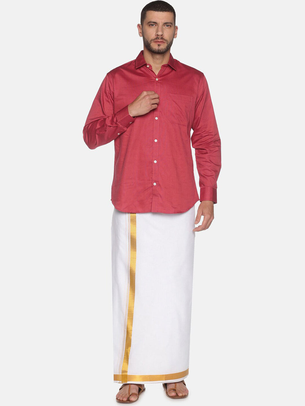 Sethukrishna Men White & Gold-Coloured Solid Cotton Dhoti