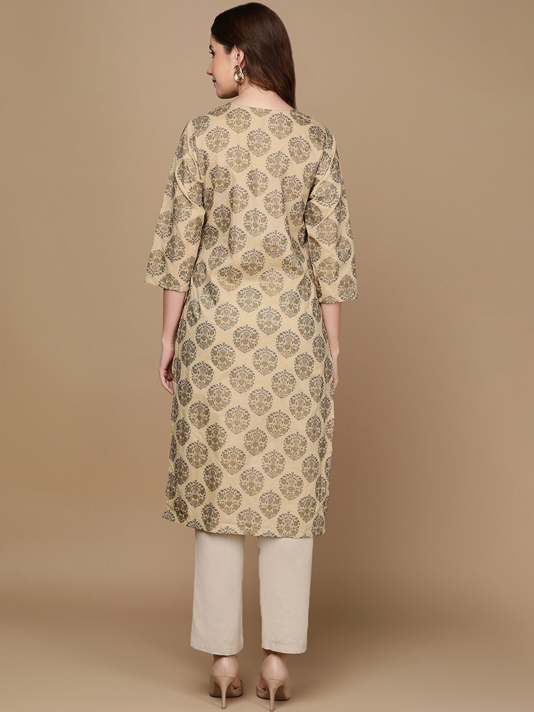 HERE&NOW Beige & Green Ethnic Motifs Printed Sequinned Thread Work Cotton Kurta