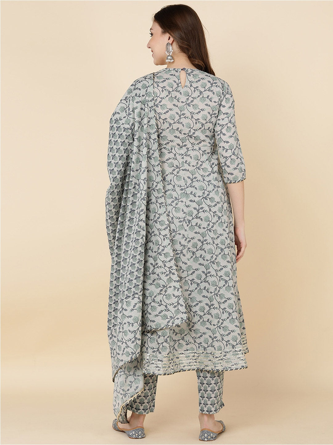HERE&NOW Women Grey & Olive Green Embroidered Angrakha Kurta with Trousers & With Dupatta