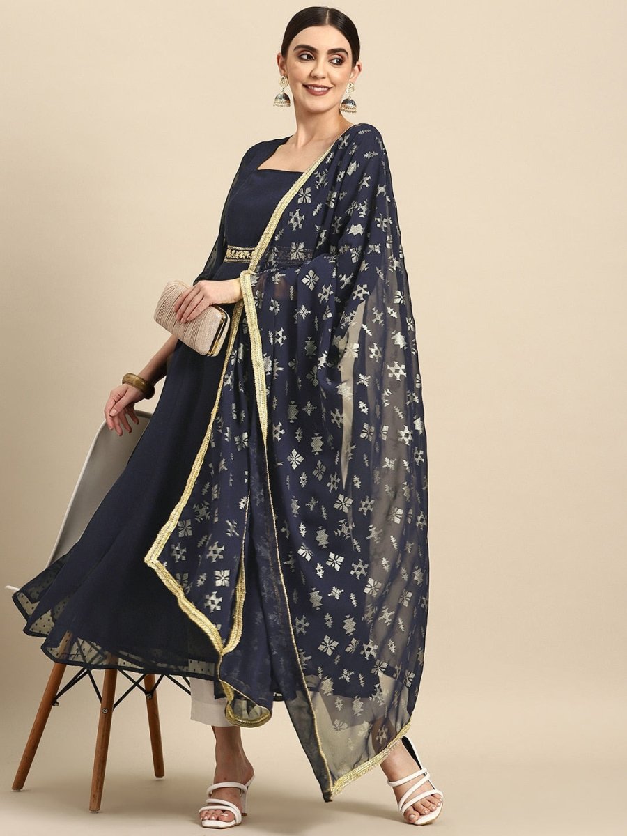 All About You Square Neck Dobby Weave A-Line Kurta With Dupatta