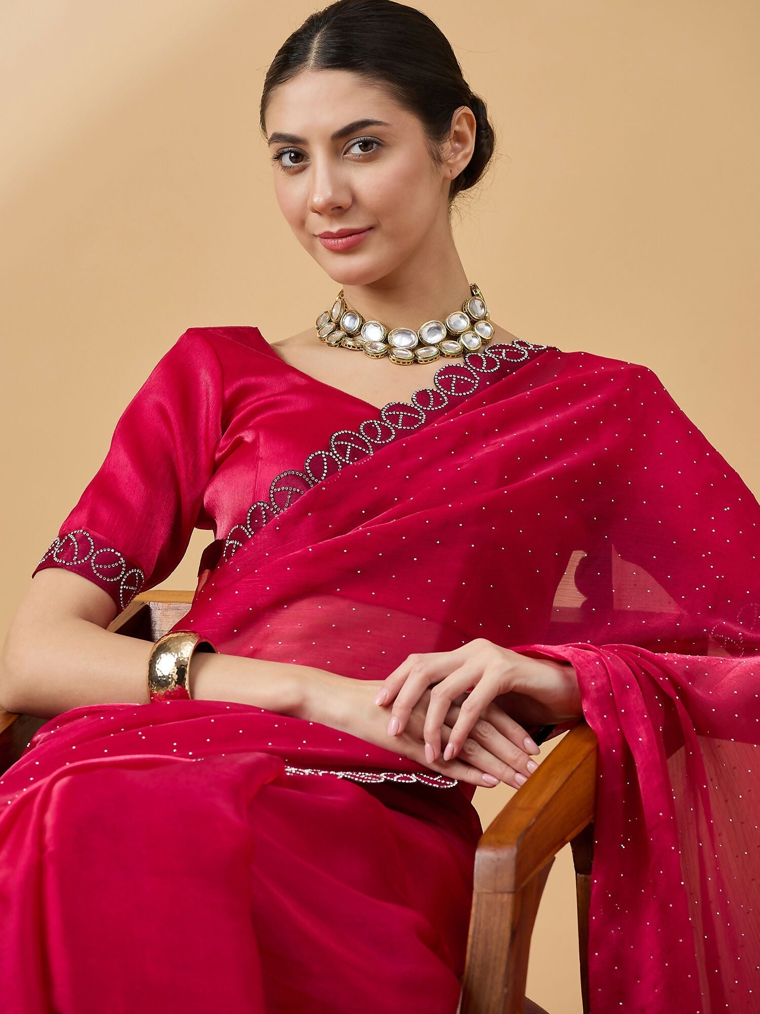 Pink Organza Swaroski Diamond Work Saree with Unstitched Blouse - Radha