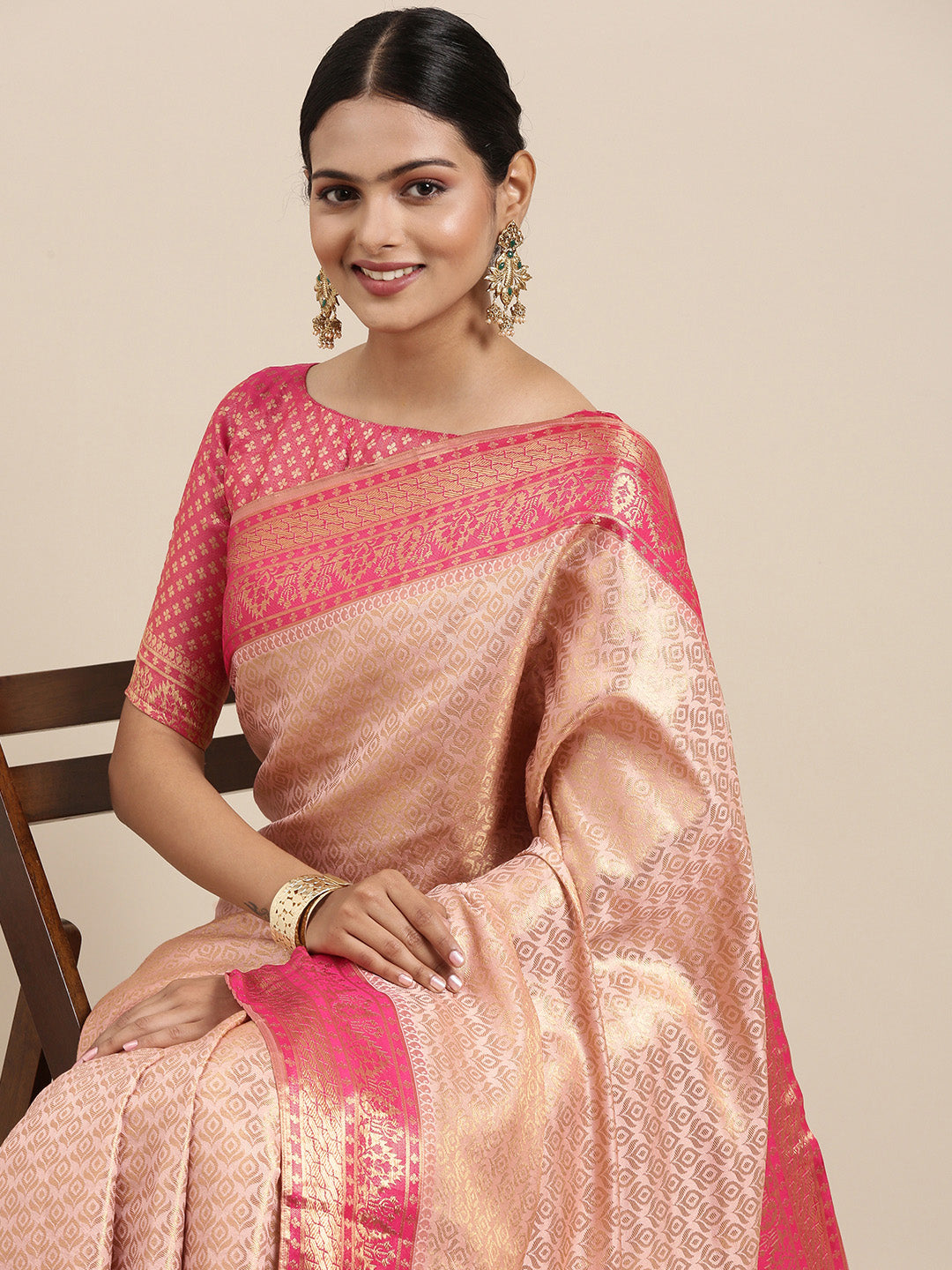 Saree Mall Peach-Coloured Ethnic Motifs Zari Silk Blend Banarasi Saree