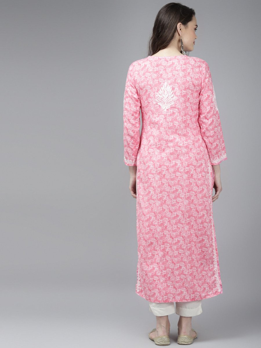 ADA Women Pink & White Floral Chikankari Cotton Handloom Kurta