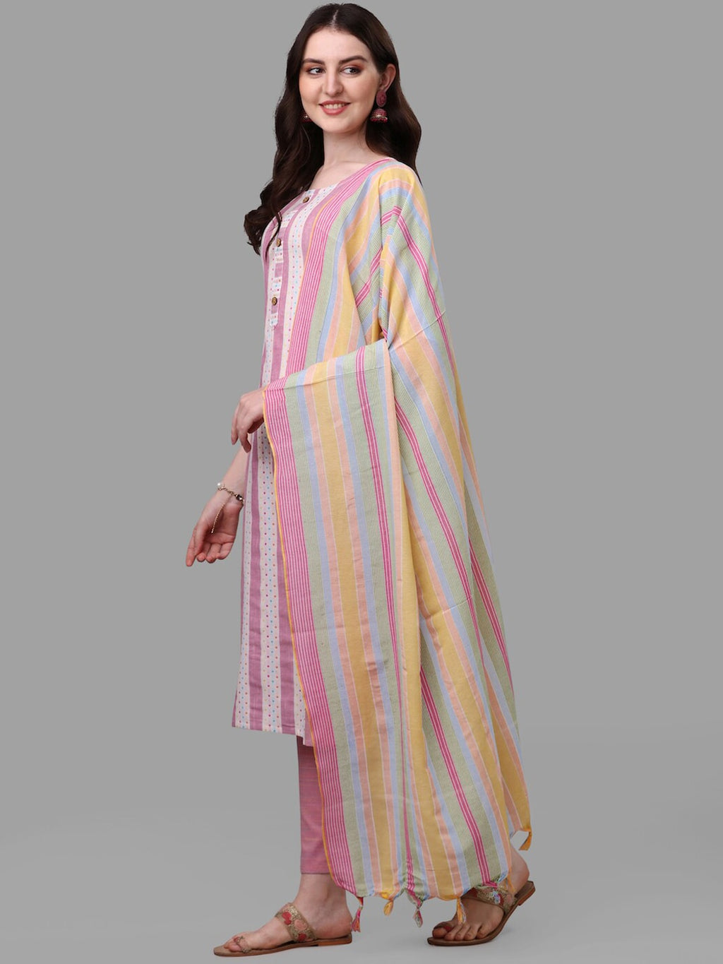 HERE&NOW Pink & White Striped Pure Cotton Kurta With Trousers & Dupatta