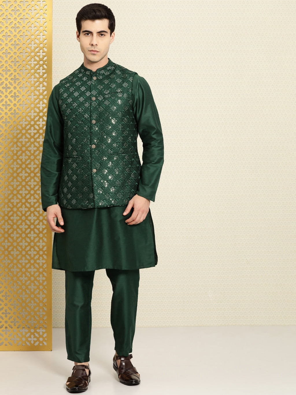 House of Pataudi Men Sequinned Rozana Kurta with Pyjamas