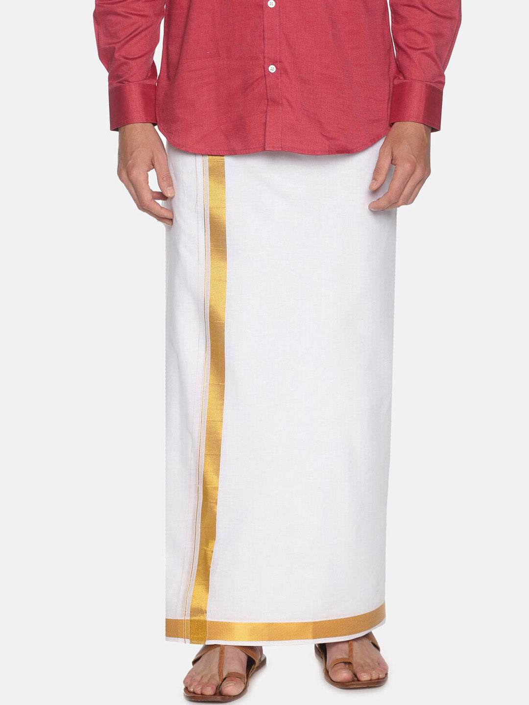 Sethukrishna Men White & Gold-Coloured Solid Cotton Dhoti