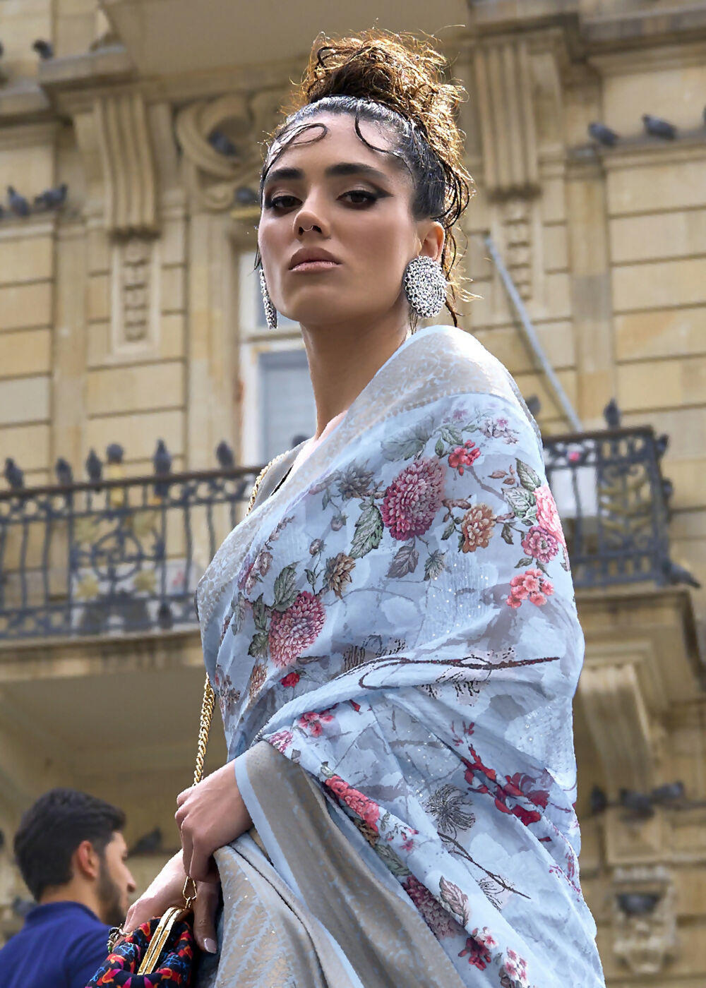 Lovely Sky Blue Polly Brasso Designer Saree - Emponline