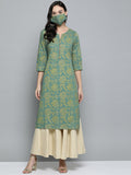 HERE&NOW Women Green & Golden Printed Straight Kurta