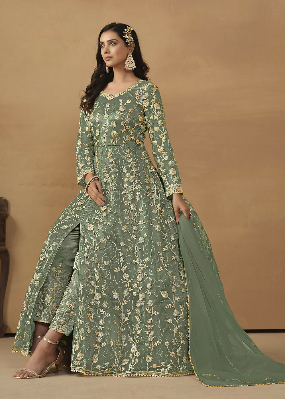 Pant Style Sage Green Embroidered Net Wedding Anarkali Suit - Emponline