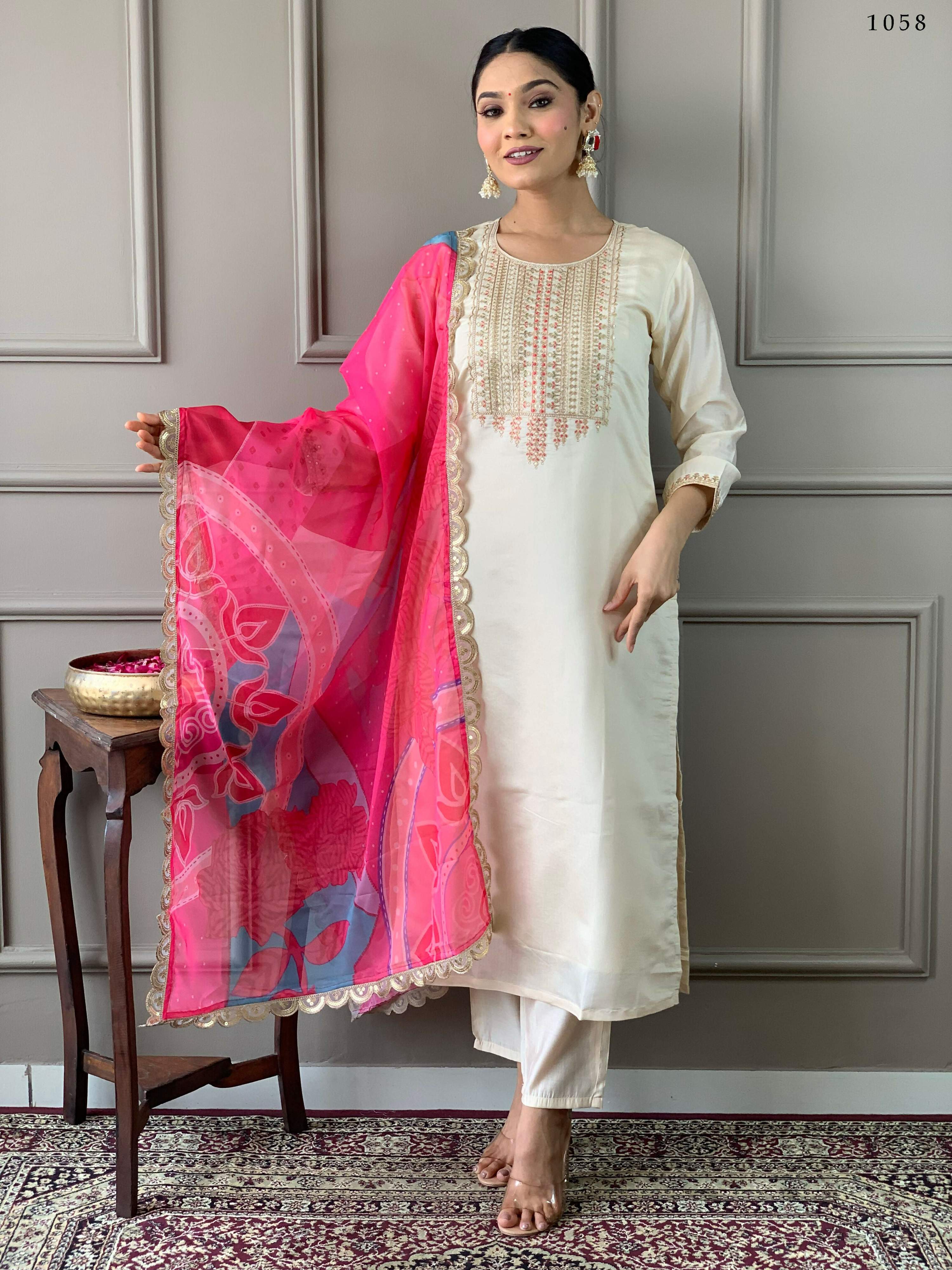 Partywear Designer Viscose Chanderi Off White & Pink Stitched Suit With Dupatta - Anbazaar