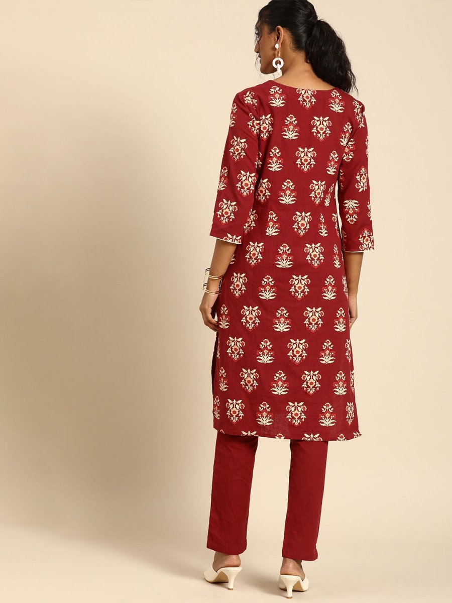 All About You Women Red Floral Printed Pure Cotton Regular Kurta with Trousers