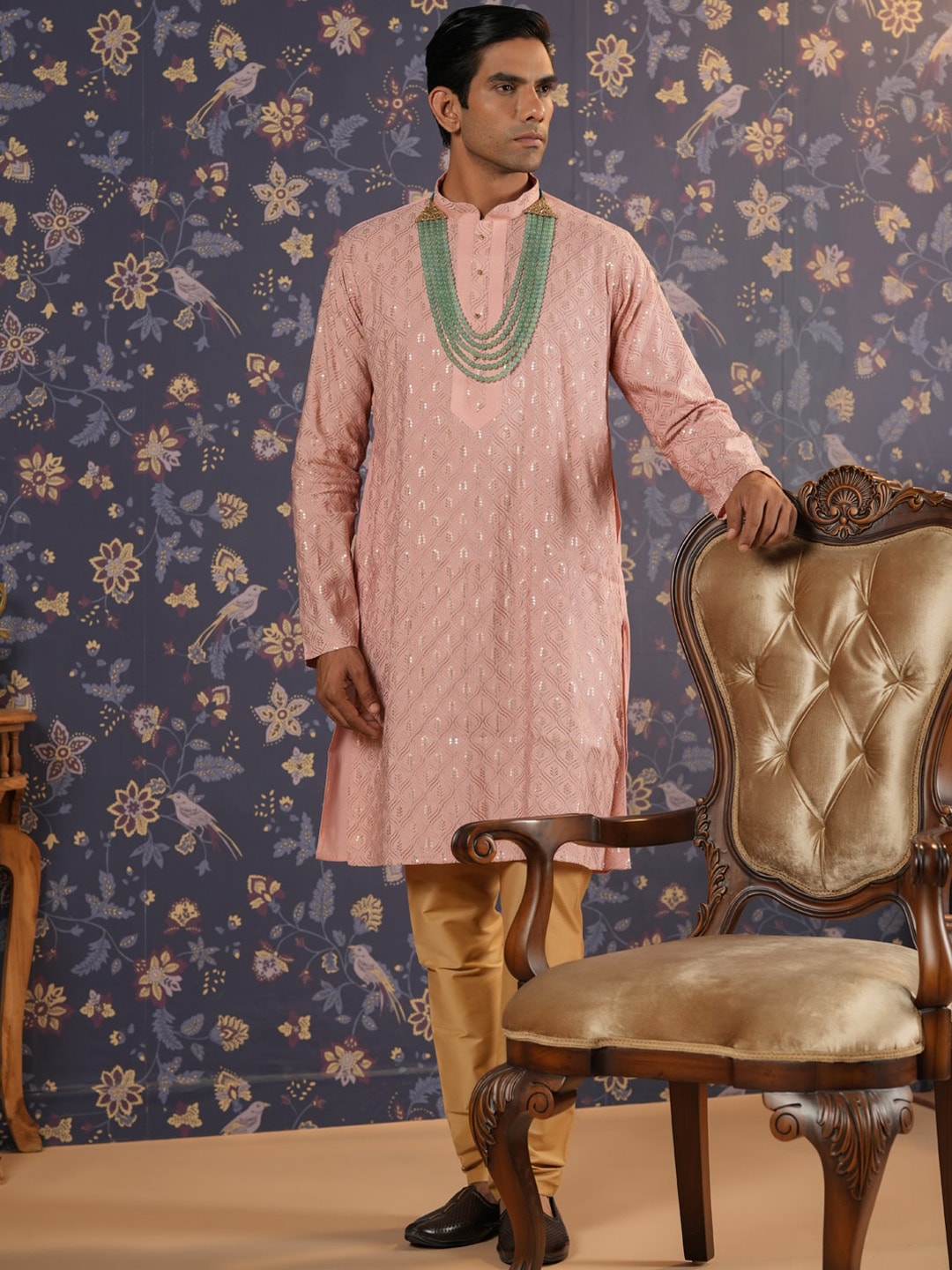 House of Pataudi Ethnic Motifs Embroidered Mandarin Collar Straight Kurta With Churidar