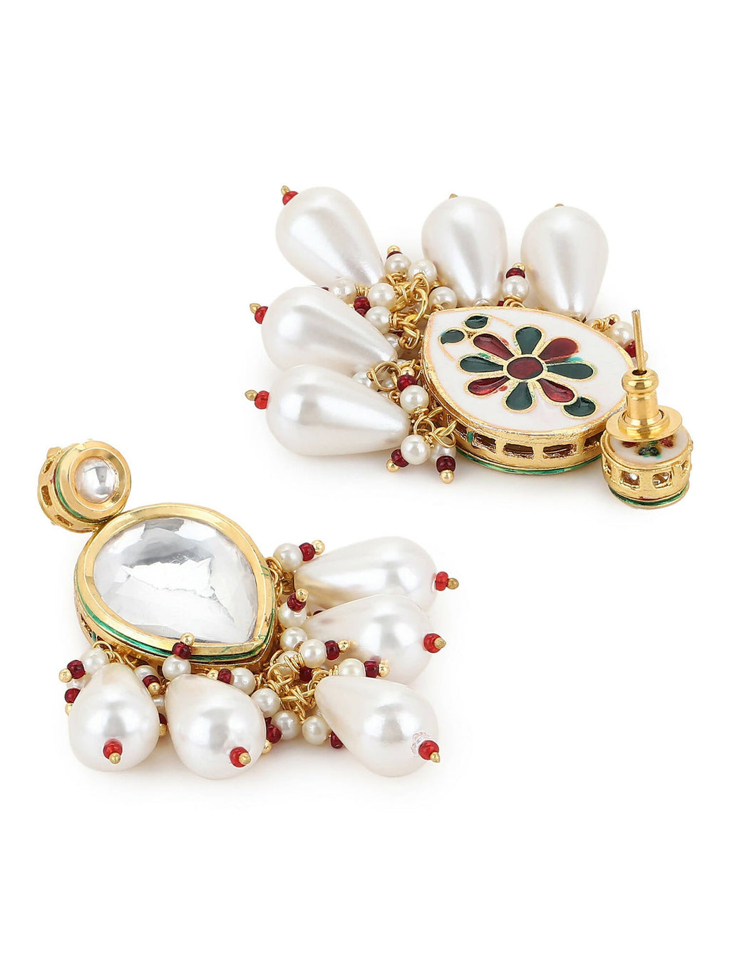 Gold-Toned White Kundan Contemporary Gold-Polished Drop Earrings - Ruby Raang