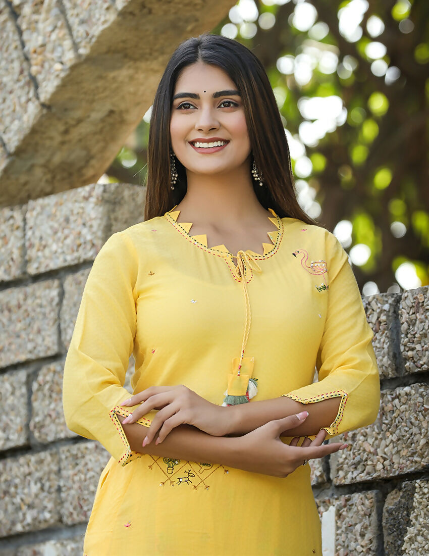 Kaajh Women's Yellow Embroidery Kurta Sharara Set