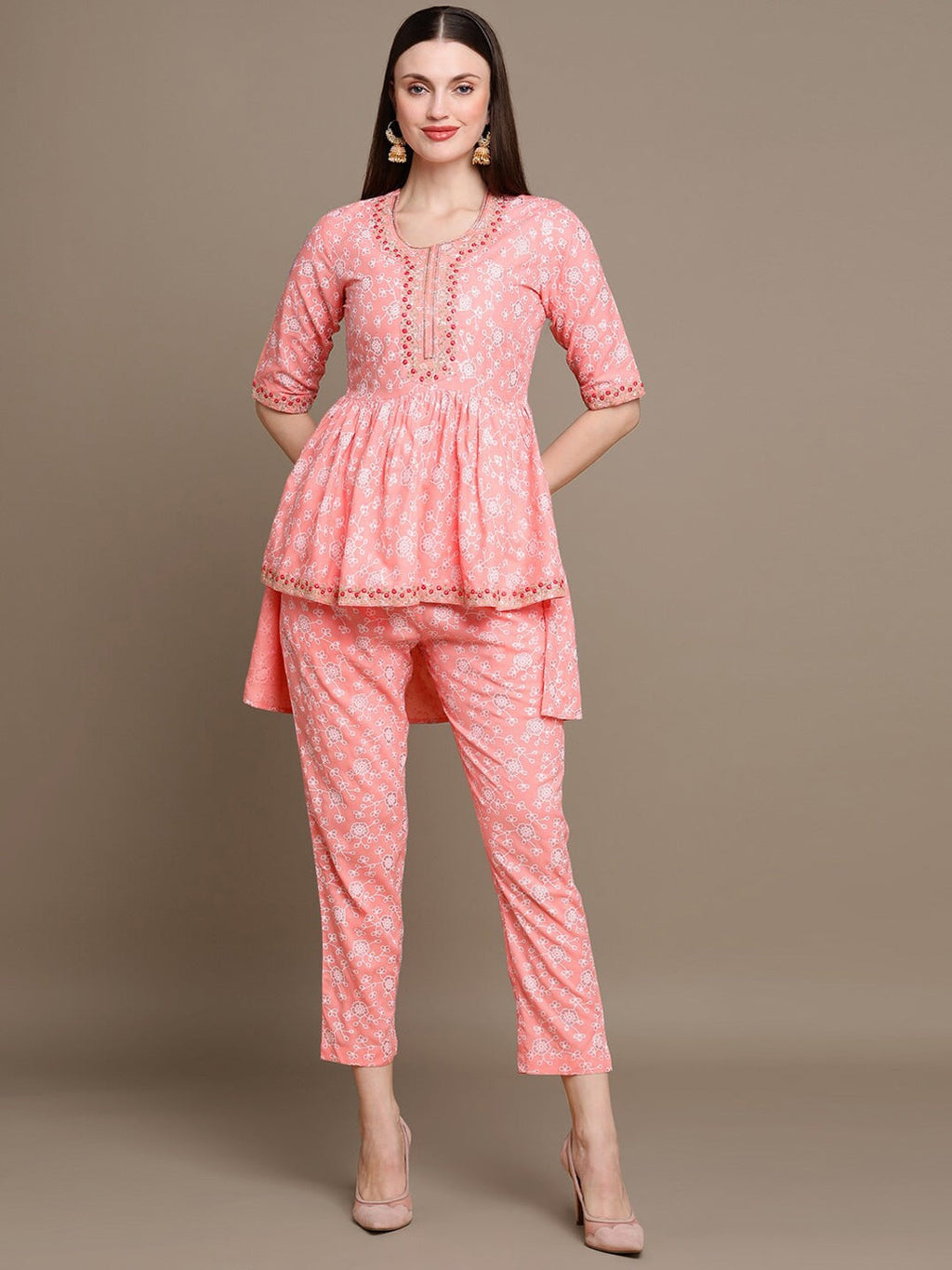 HERE&NOW Floral Printed Embroidered Sequinned High-Low Kurti with Trouserss