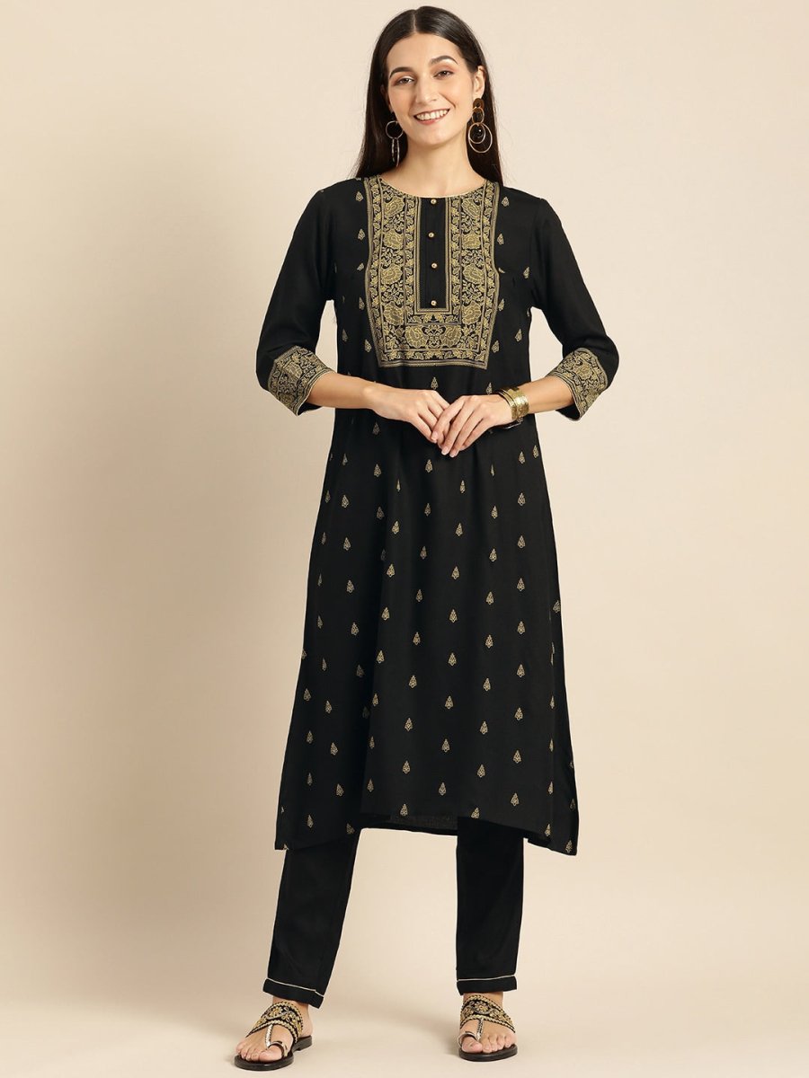 All About You Women Black & Mustard Yellow Printed Kurta with Trousers
