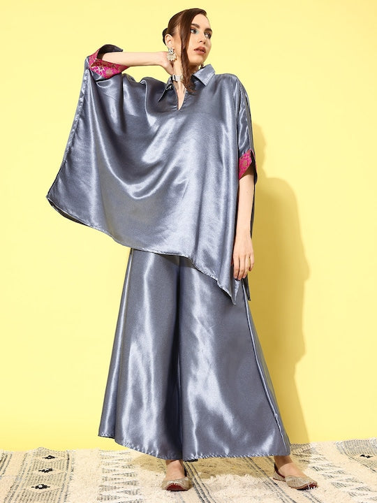 InWeave Women's Grey Pink Brocade Satin Boho Kurta Palazzo Set