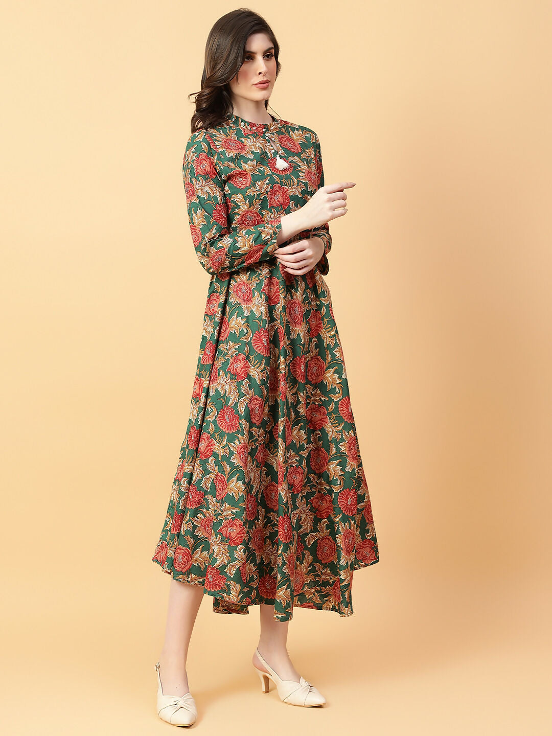 Joban Fashion Green Cotton Printed & Hand Work Dress