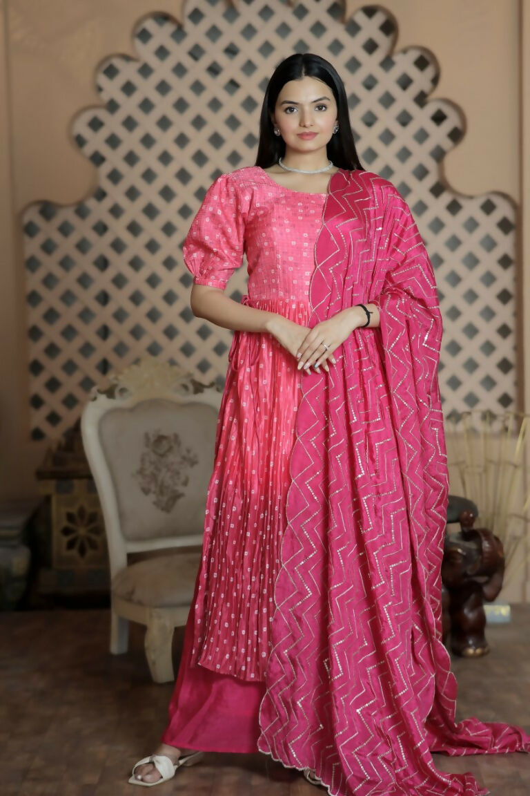 Jyoti Fashion Women's Pink Muslin Floral Print with Crush Pleating Kurta with Trouser & Dupatta